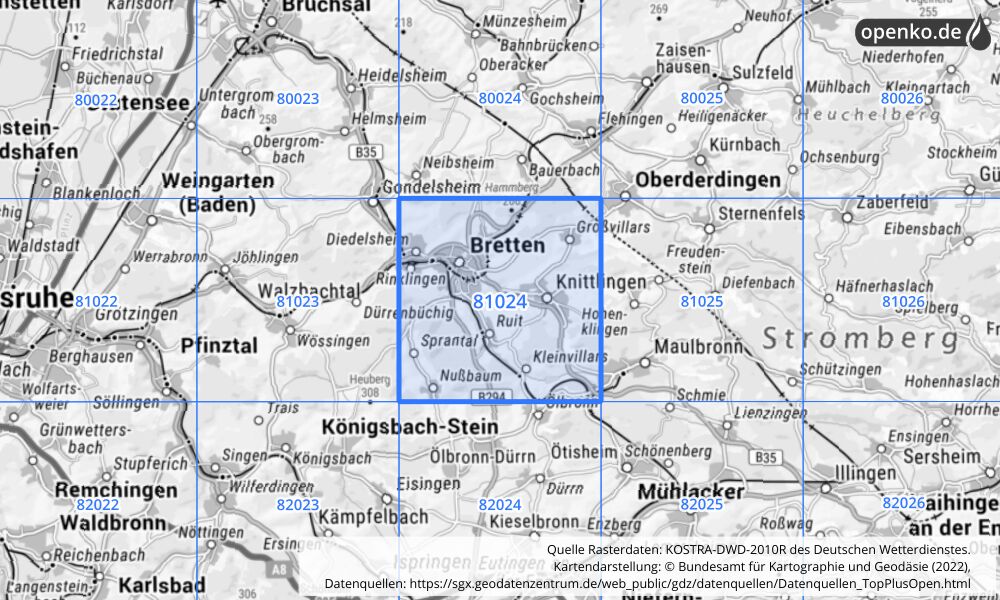 Übersichtskarte KOSTRA-DWD-2010R Rasterfeld Nr. 81024 mit angrenzenden Feldern