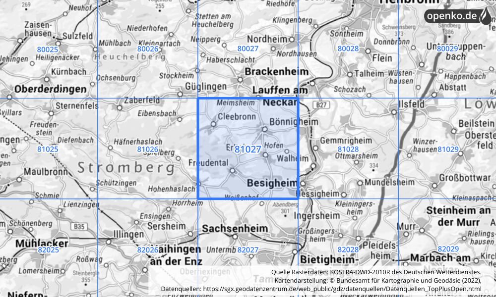 Übersichtskarte KOSTRA-DWD-2010R Rasterfeld Nr. 81027 mit angrenzenden Feldern