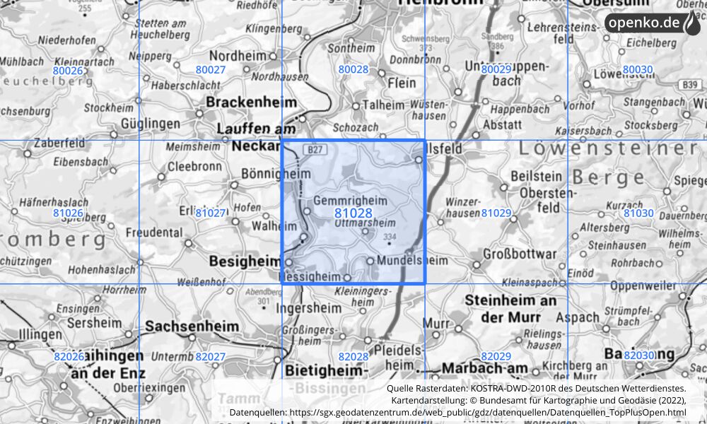 Übersichtskarte KOSTRA-DWD-2010R Rasterfeld Nr. 81028 mit angrenzenden Feldern