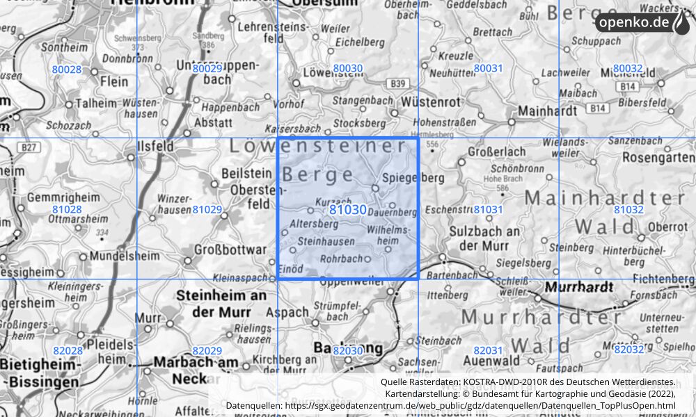 Übersichtskarte KOSTRA-DWD-2010R Rasterfeld Nr. 81030 mit angrenzenden Feldern