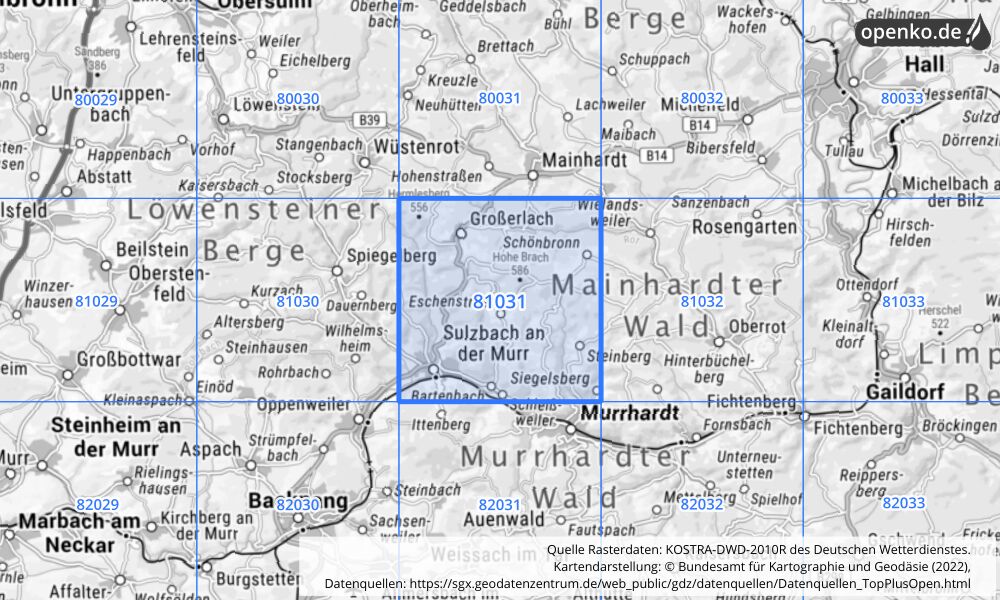 Übersichtskarte KOSTRA-DWD-2010R Rasterfeld Nr. 81031 mit angrenzenden Feldern