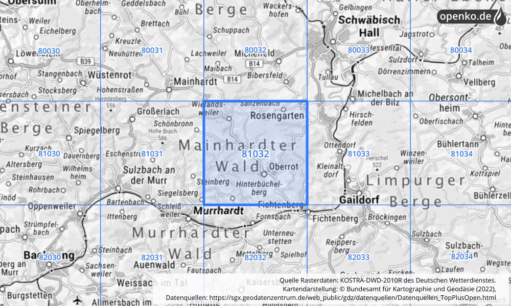 Übersichtskarte KOSTRA-DWD-2010R Rasterfeld Nr. 81032 mit angrenzenden Feldern