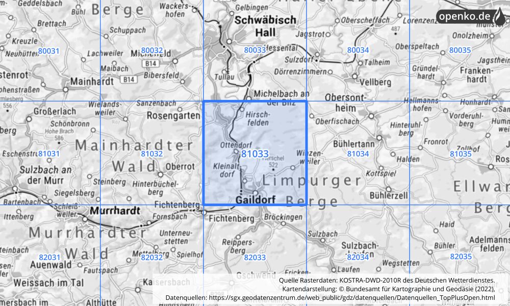 Übersichtskarte KOSTRA-DWD-2010R Rasterfeld Nr. 81033 mit angrenzenden Feldern