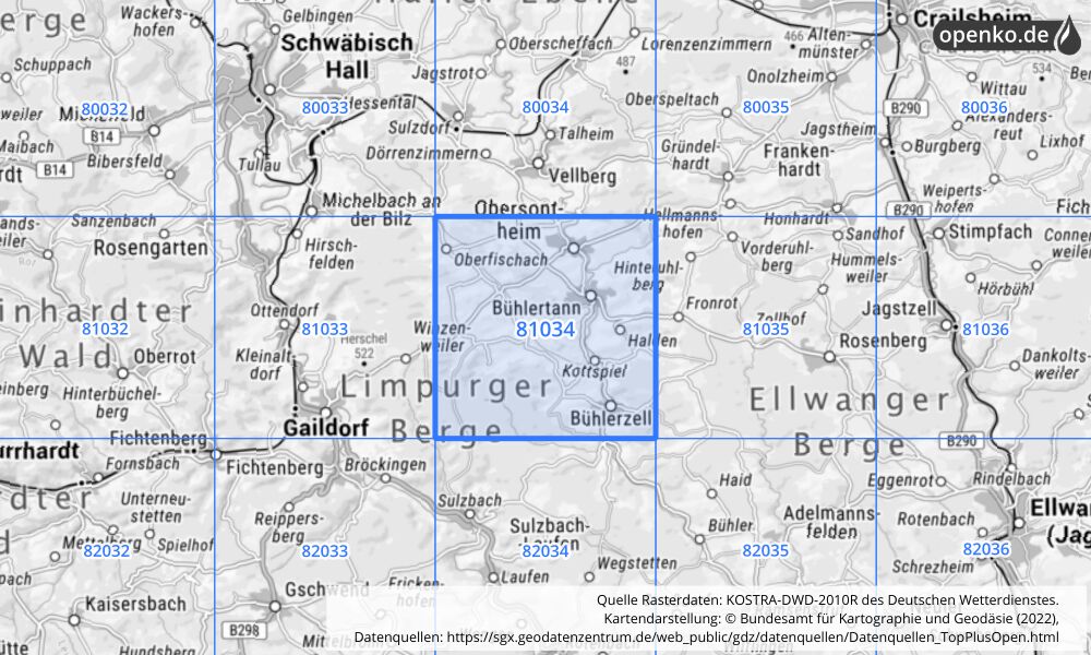 Übersichtskarte KOSTRA-DWD-2010R Rasterfeld Nr. 81034 mit angrenzenden Feldern