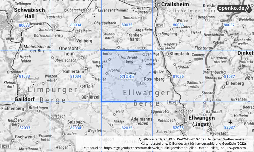 Übersichtskarte KOSTRA-DWD-2010R Rasterfeld Nr. 81035 mit angrenzenden Feldern