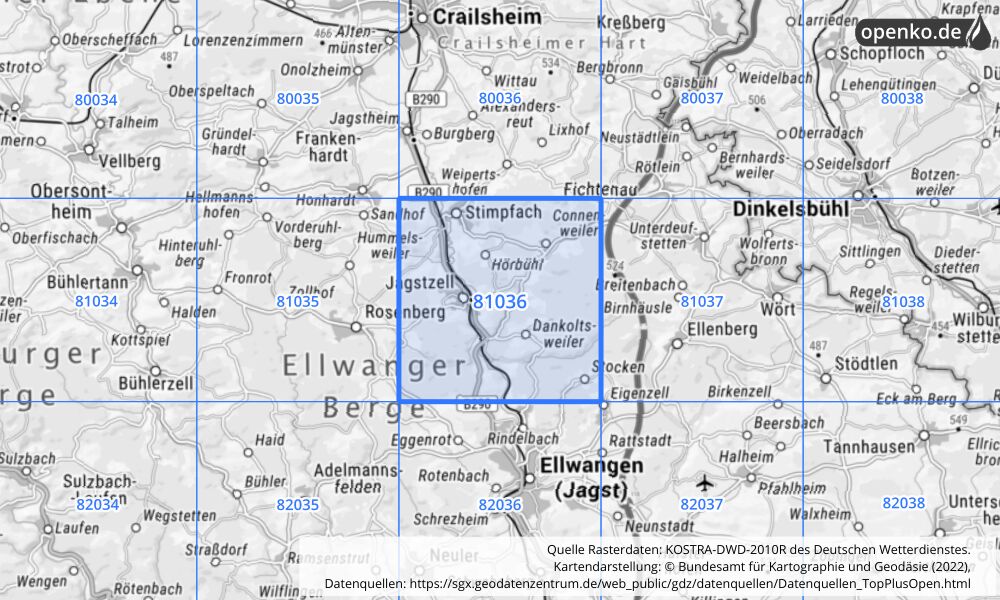 Übersichtskarte KOSTRA-DWD-2010R Rasterfeld Nr. 81036 mit angrenzenden Feldern