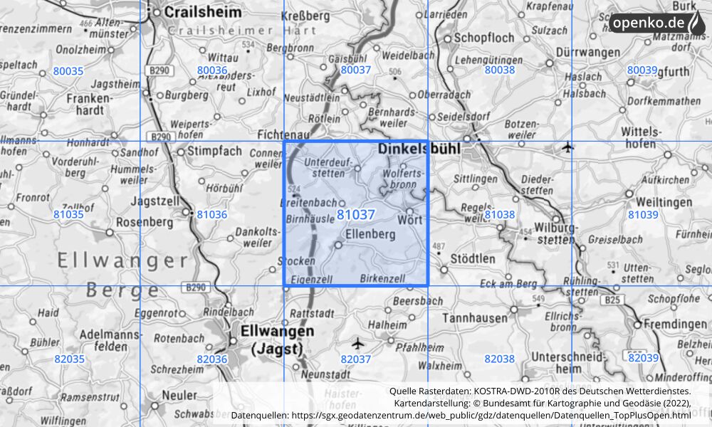 Übersichtskarte KOSTRA-DWD-2010R Rasterfeld Nr. 81037 mit angrenzenden Feldern