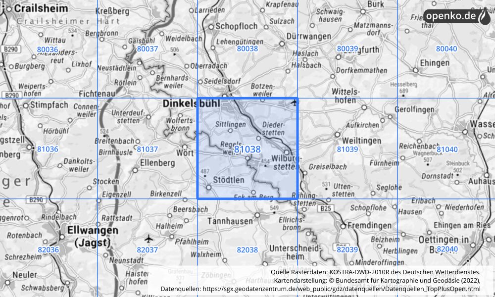 Übersichtskarte KOSTRA-DWD-2010R Rasterfeld Nr. 81038 mit angrenzenden Feldern