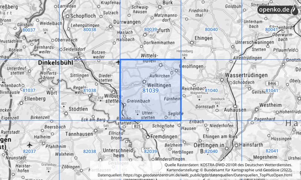 Übersichtskarte KOSTRA-DWD-2010R Rasterfeld Nr. 81039 mit angrenzenden Feldern