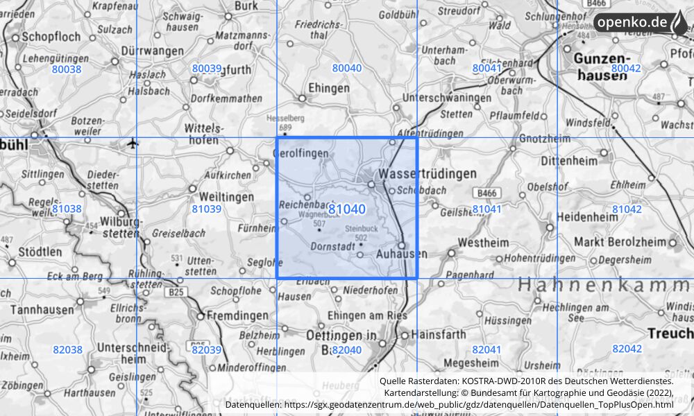 Übersichtskarte KOSTRA-DWD-2010R Rasterfeld Nr. 81040 mit angrenzenden Feldern