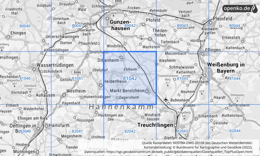 Übersichtskarte KOSTRA-DWD-2010R Rasterfeld Nr. 81042 mit angrenzenden Feldern