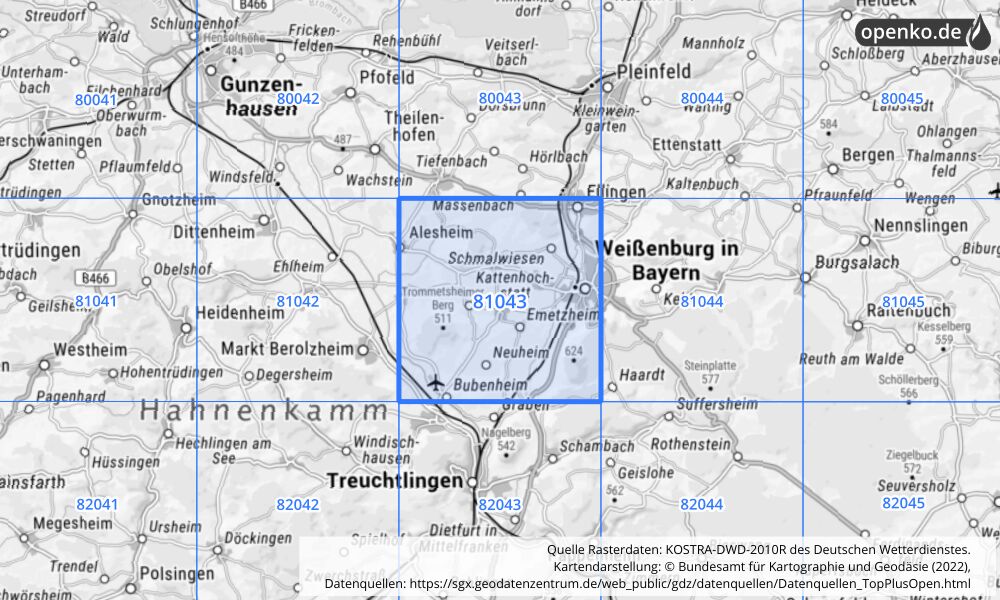 Übersichtskarte KOSTRA-DWD-2010R Rasterfeld Nr. 81043 mit angrenzenden Feldern