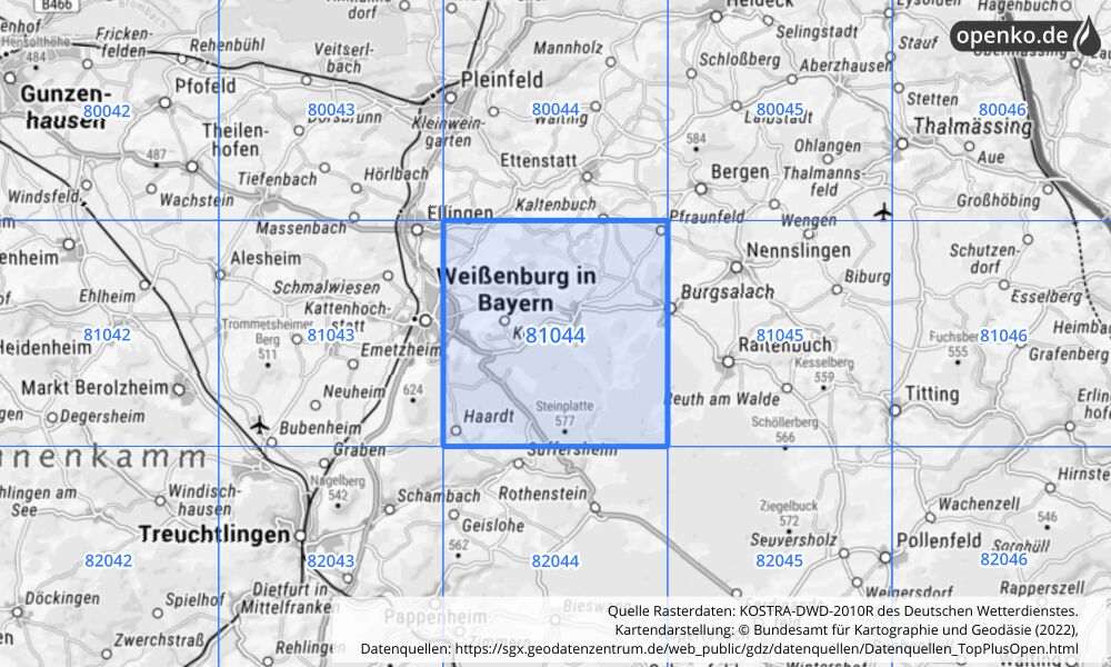 Übersichtskarte KOSTRA-DWD-2010R Rasterfeld Nr. 81044 mit angrenzenden Feldern