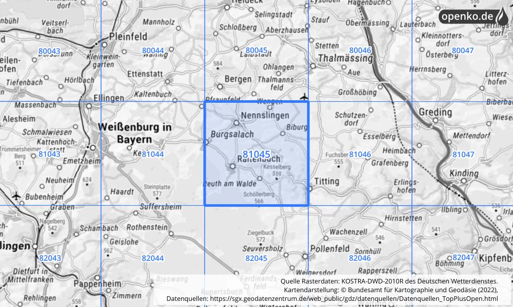 Übersichtskarte KOSTRA-DWD-2010R Rasterfeld Nr. 81045 mit angrenzenden Feldern