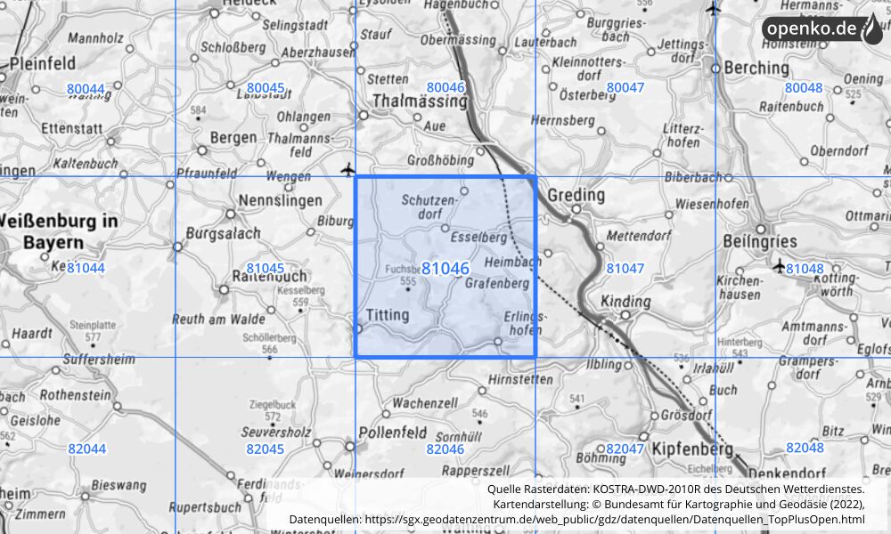 Übersichtskarte KOSTRA-DWD-2010R Rasterfeld Nr. 81046 mit angrenzenden Feldern