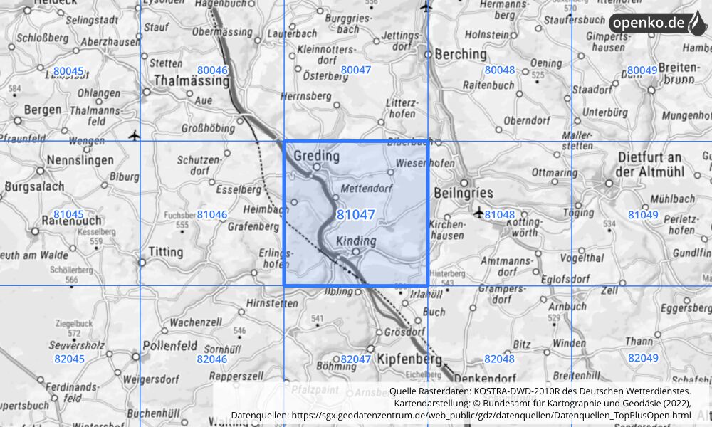Übersichtskarte KOSTRA-DWD-2010R Rasterfeld Nr. 81047 mit angrenzenden Feldern