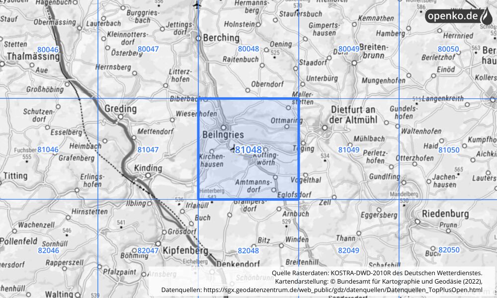 Übersichtskarte KOSTRA-DWD-2010R Rasterfeld Nr. 81048 mit angrenzenden Feldern