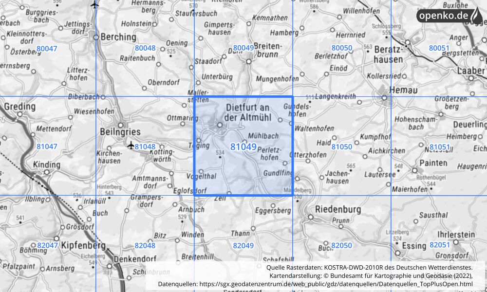 Übersichtskarte KOSTRA-DWD-2010R Rasterfeld Nr. 81049 mit angrenzenden Feldern