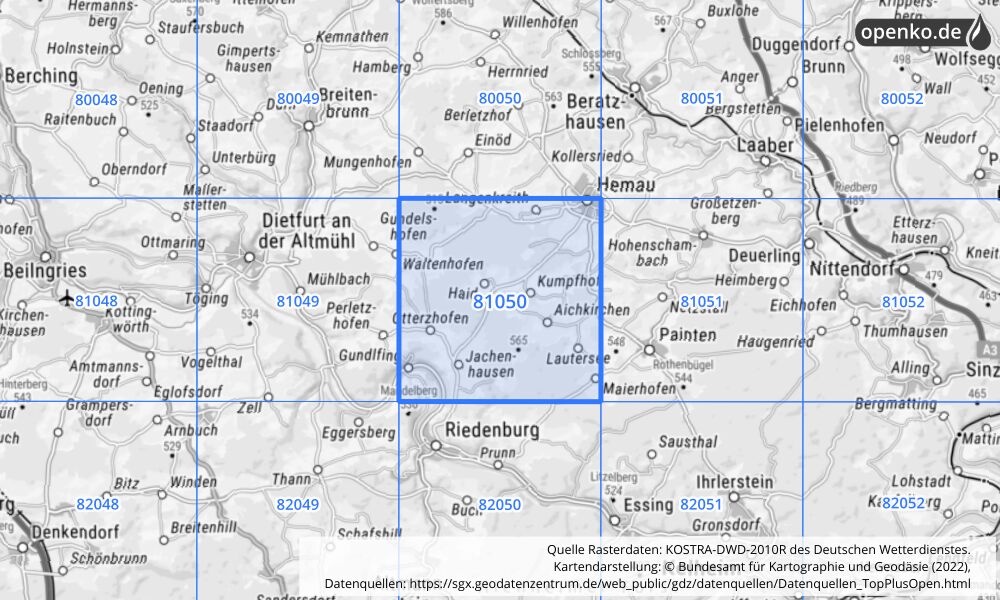 Übersichtskarte KOSTRA-DWD-2010R Rasterfeld Nr. 81050 mit angrenzenden Feldern