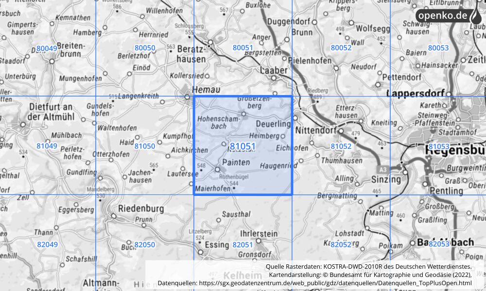 Übersichtskarte KOSTRA-DWD-2010R Rasterfeld Nr. 81051 mit angrenzenden Feldern