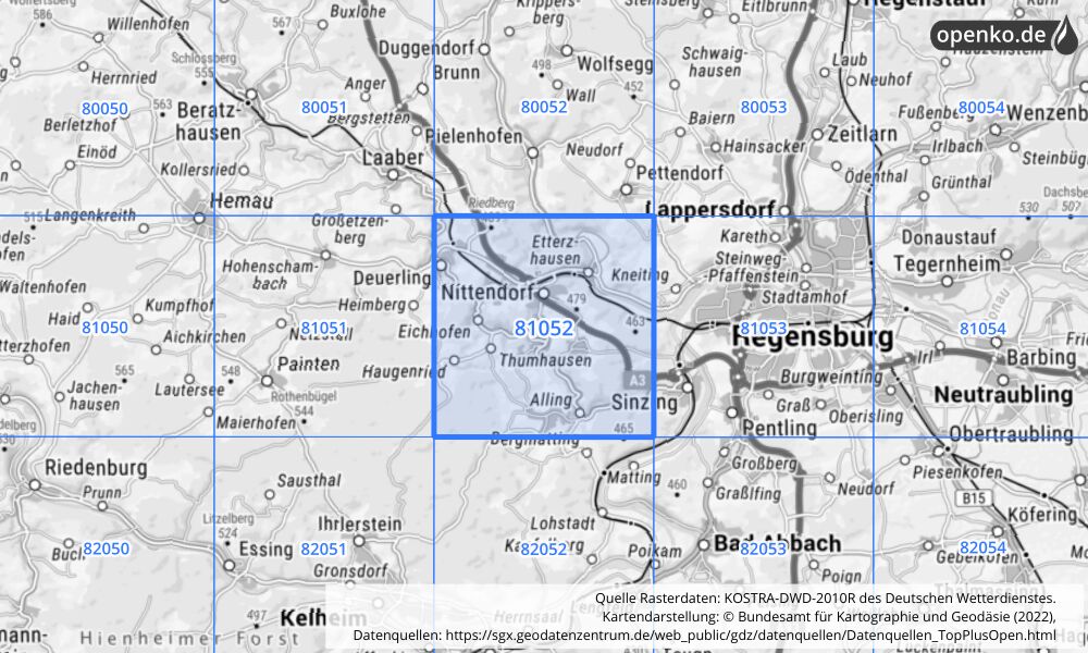 Übersichtskarte KOSTRA-DWD-2010R Rasterfeld Nr. 81052 mit angrenzenden Feldern