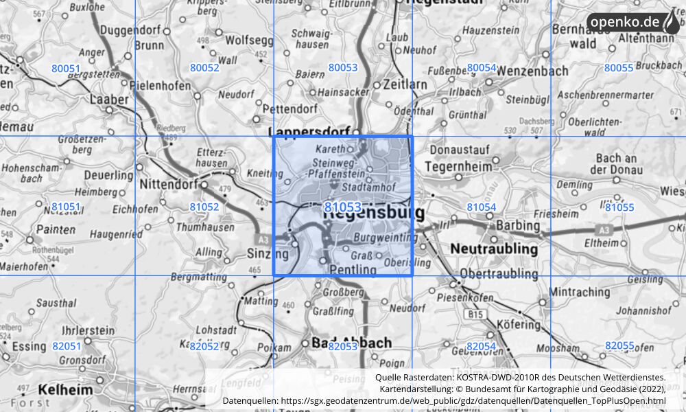 Übersichtskarte KOSTRA-DWD-2010R Rasterfeld Nr. 81053 mit angrenzenden Feldern