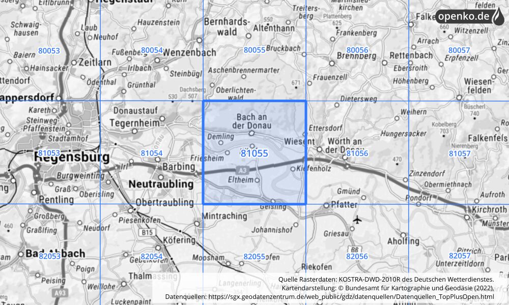 Übersichtskarte KOSTRA-DWD-2010R Rasterfeld Nr. 81055 mit angrenzenden Feldern