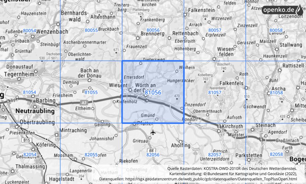 Übersichtskarte KOSTRA-DWD-2010R Rasterfeld Nr. 81056 mit angrenzenden Feldern