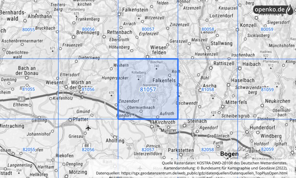 Übersichtskarte KOSTRA-DWD-2010R Rasterfeld Nr. 81057 mit angrenzenden Feldern