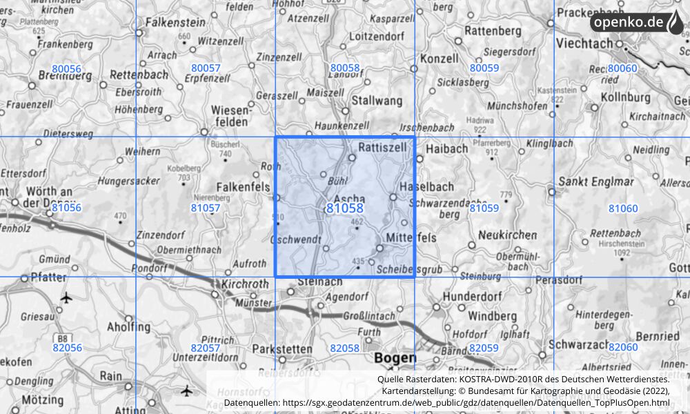 Übersichtskarte KOSTRA-DWD-2010R Rasterfeld Nr. 81058 mit angrenzenden Feldern