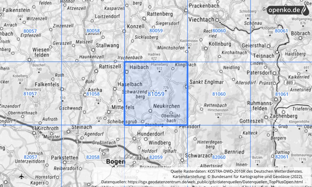 Übersichtskarte KOSTRA-DWD-2010R Rasterfeld Nr. 81059 mit angrenzenden Feldern