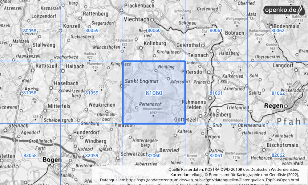 Übersichtskarte KOSTRA-DWD-2010R Rasterfeld Nr. 81060 mit angrenzenden Feldern