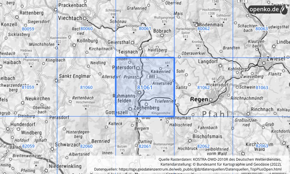 Übersichtskarte KOSTRA-DWD-2010R Rasterfeld Nr. 81061 mit angrenzenden Feldern