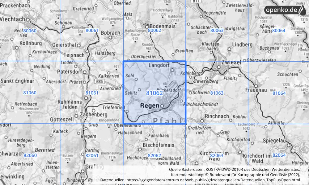 Übersichtskarte KOSTRA-DWD-2010R Rasterfeld Nr. 81062 mit angrenzenden Feldern