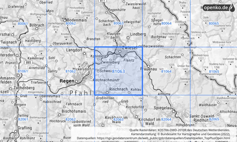 Übersichtskarte KOSTRA-DWD-2010R Rasterfeld Nr. 81063 mit angrenzenden Feldern