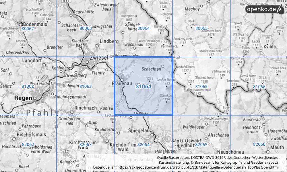 Übersichtskarte KOSTRA-DWD-2010R Rasterfeld Nr. 81064 mit angrenzenden Feldern