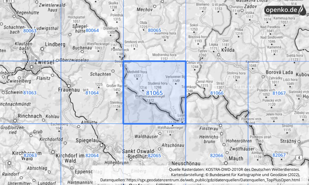 Übersichtskarte KOSTRA-DWD-2010R Rasterfeld Nr. 81065 mit angrenzenden Feldern