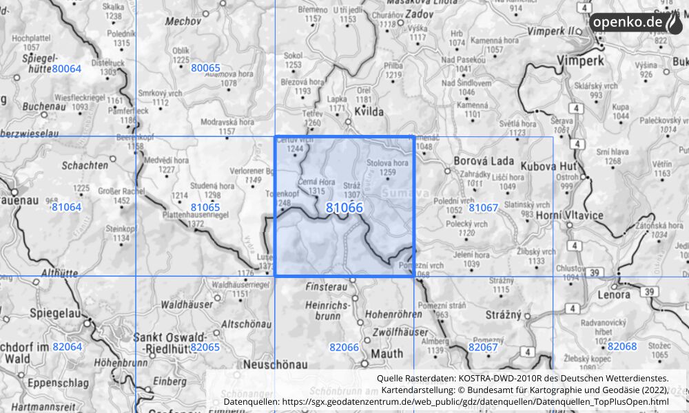 Übersichtskarte KOSTRA-DWD-2010R Rasterfeld Nr. 81066 mit angrenzenden Feldern