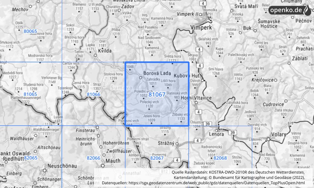 Übersichtskarte KOSTRA-DWD-2010R Rasterfeld Nr. 81067 mit angrenzenden Feldern