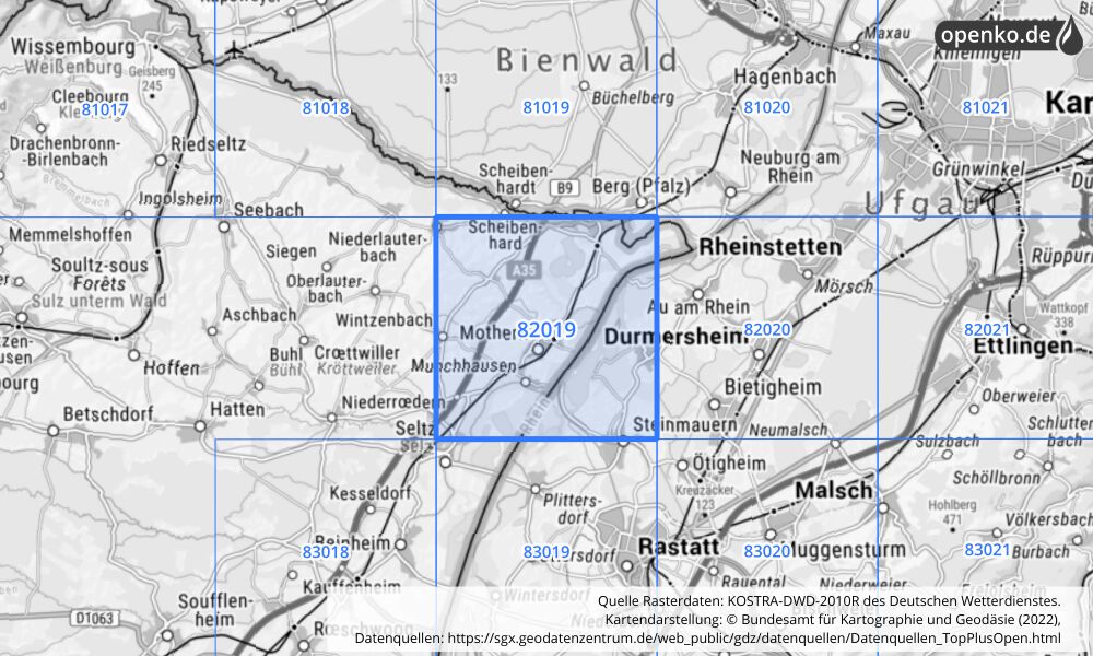 Übersichtskarte KOSTRA-DWD-2010R Rasterfeld Nr. 82019 mit angrenzenden Feldern