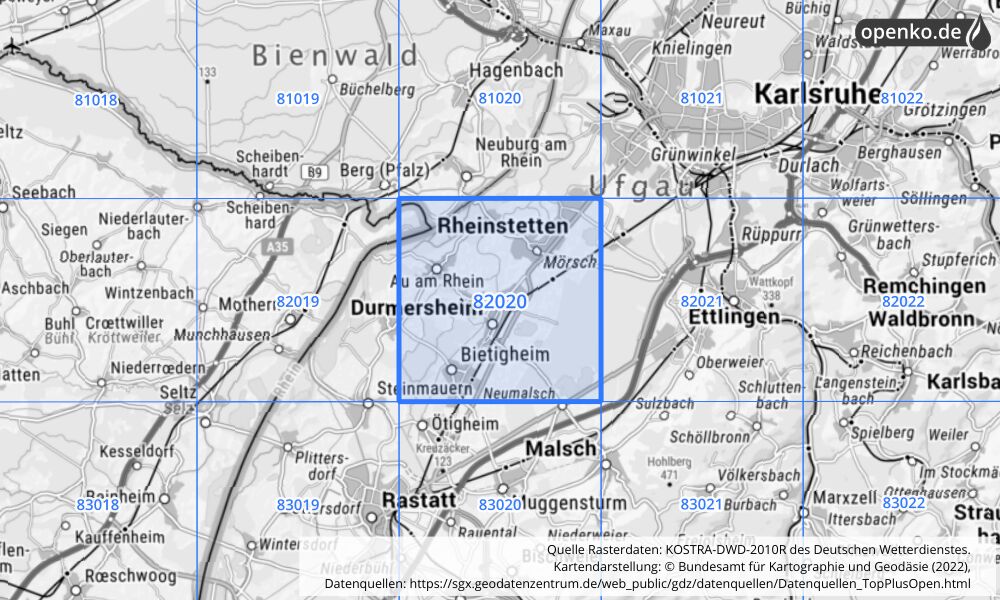 Übersichtskarte KOSTRA-DWD-2010R Rasterfeld Nr. 82020 mit angrenzenden Feldern