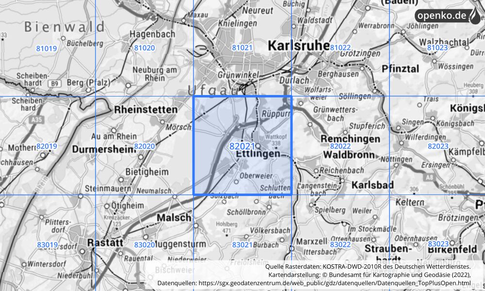 Übersichtskarte KOSTRA-DWD-2010R Rasterfeld Nr. 82021 mit angrenzenden Feldern