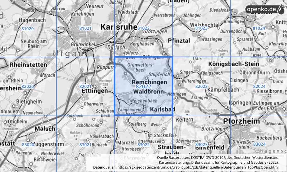 Übersichtskarte KOSTRA-DWD-2010R Rasterfeld Nr. 82022 mit angrenzenden Feldern