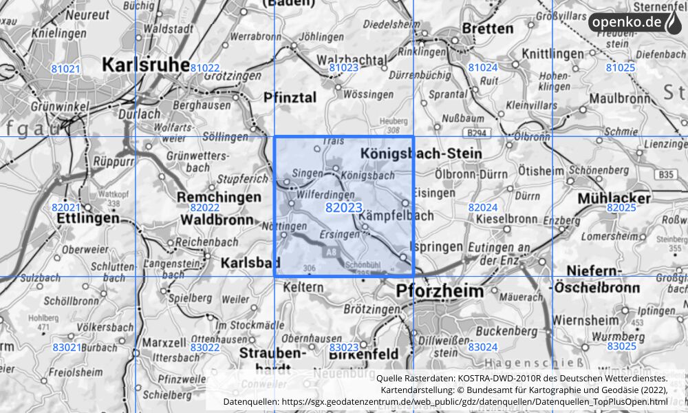 Übersichtskarte KOSTRA-DWD-2010R Rasterfeld Nr. 82023 mit angrenzenden Feldern