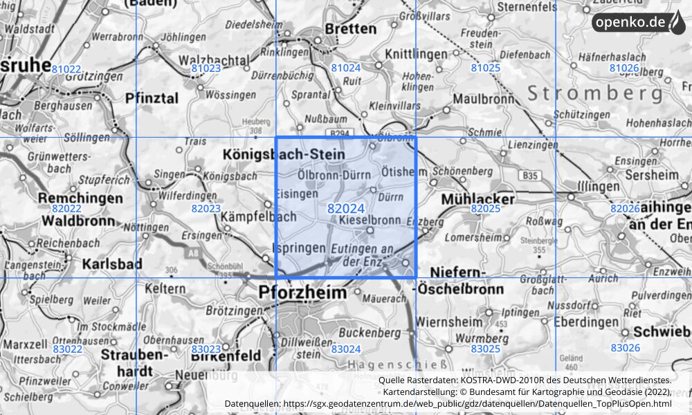 Übersichtskarte KOSTRA-DWD-2010R Rasterfeld Nr. 82024 mit angrenzenden Feldern