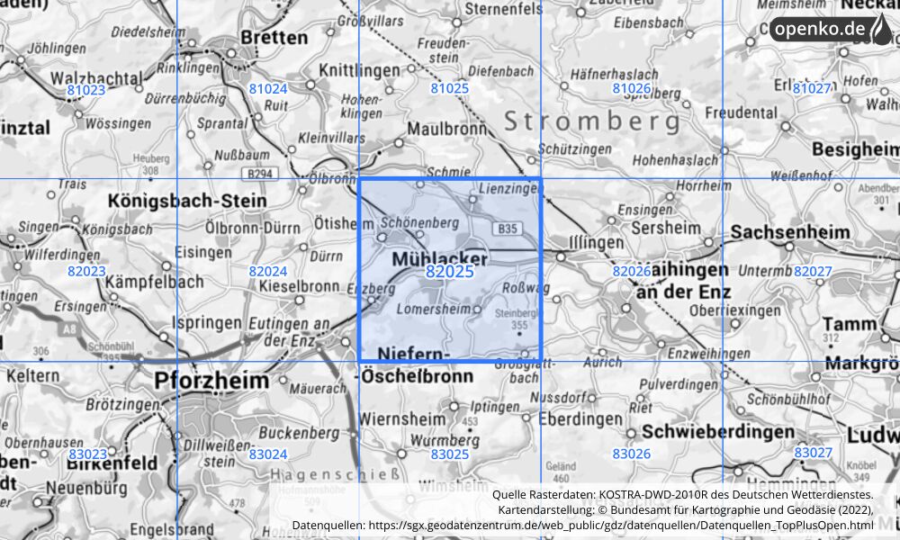 Übersichtskarte KOSTRA-DWD-2010R Rasterfeld Nr. 82025 mit angrenzenden Feldern