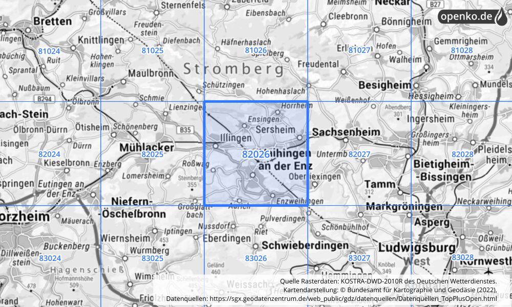 Übersichtskarte KOSTRA-DWD-2010R Rasterfeld Nr. 82026 mit angrenzenden Feldern