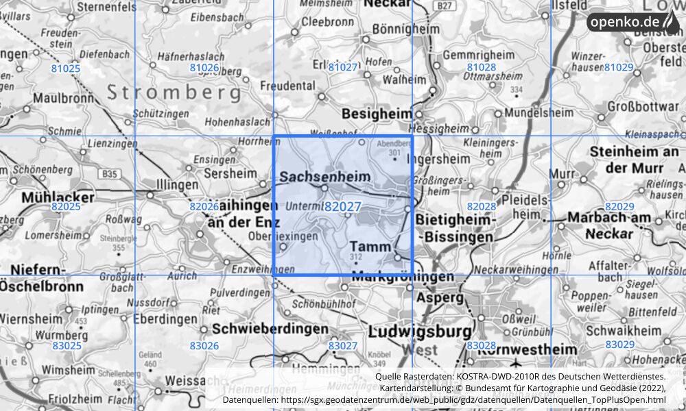 Übersichtskarte KOSTRA-DWD-2010R Rasterfeld Nr. 82027 mit angrenzenden Feldern