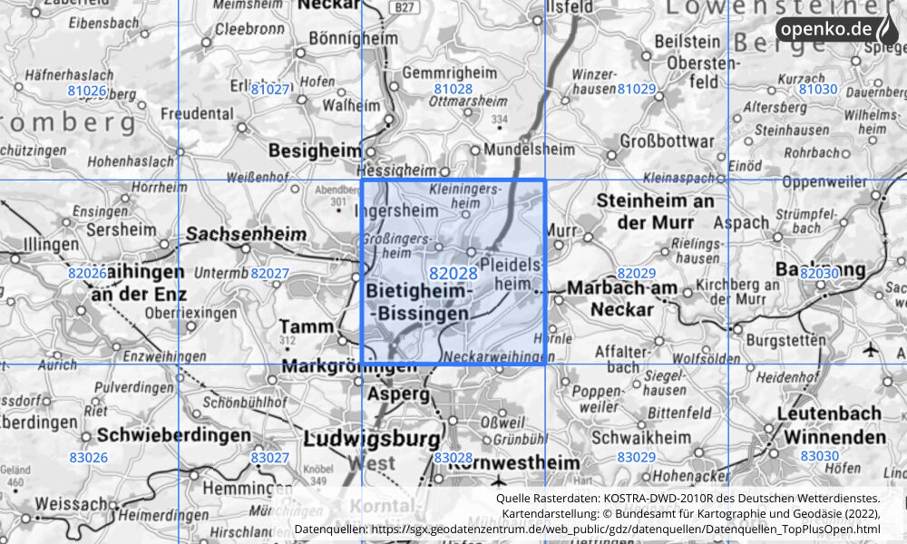 Übersichtskarte KOSTRA-DWD-2010R Rasterfeld Nr. 82028 mit angrenzenden Feldern