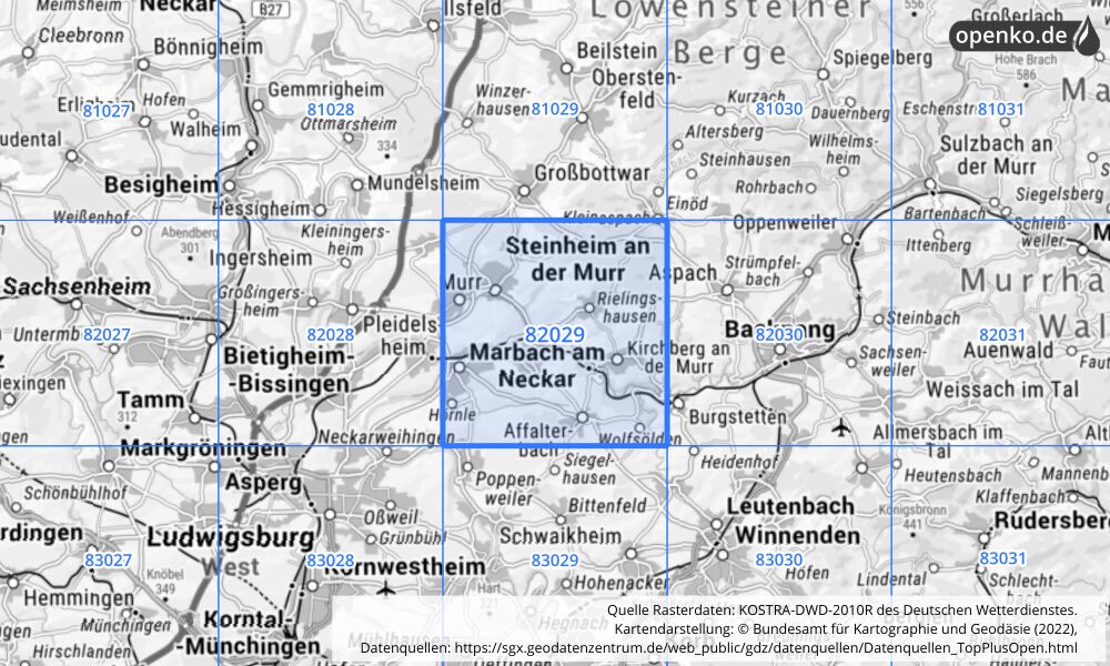 Übersichtskarte KOSTRA-DWD-2010R Rasterfeld Nr. 82029 mit angrenzenden Feldern